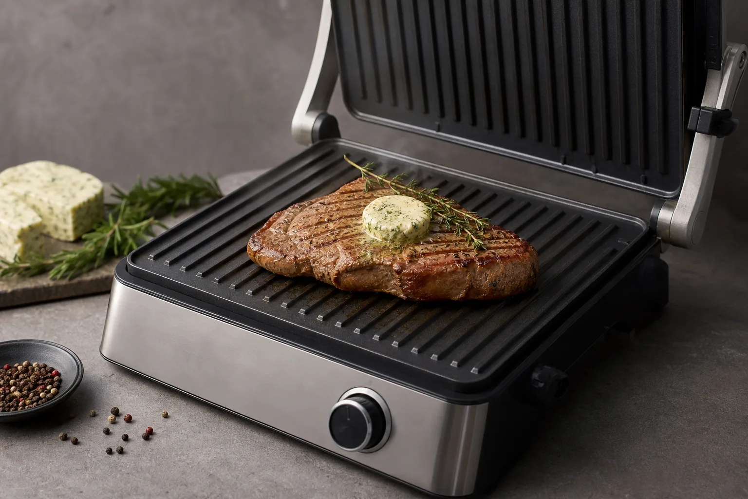 Kontaktgrill Rindersteak mit Kraeuterbutter