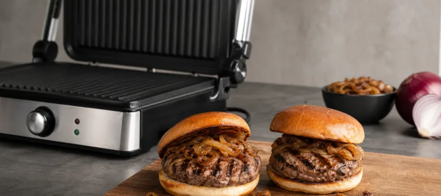 Kontaktgrill Rindfleisch-Burger mit karamellisierten Zwiebeln