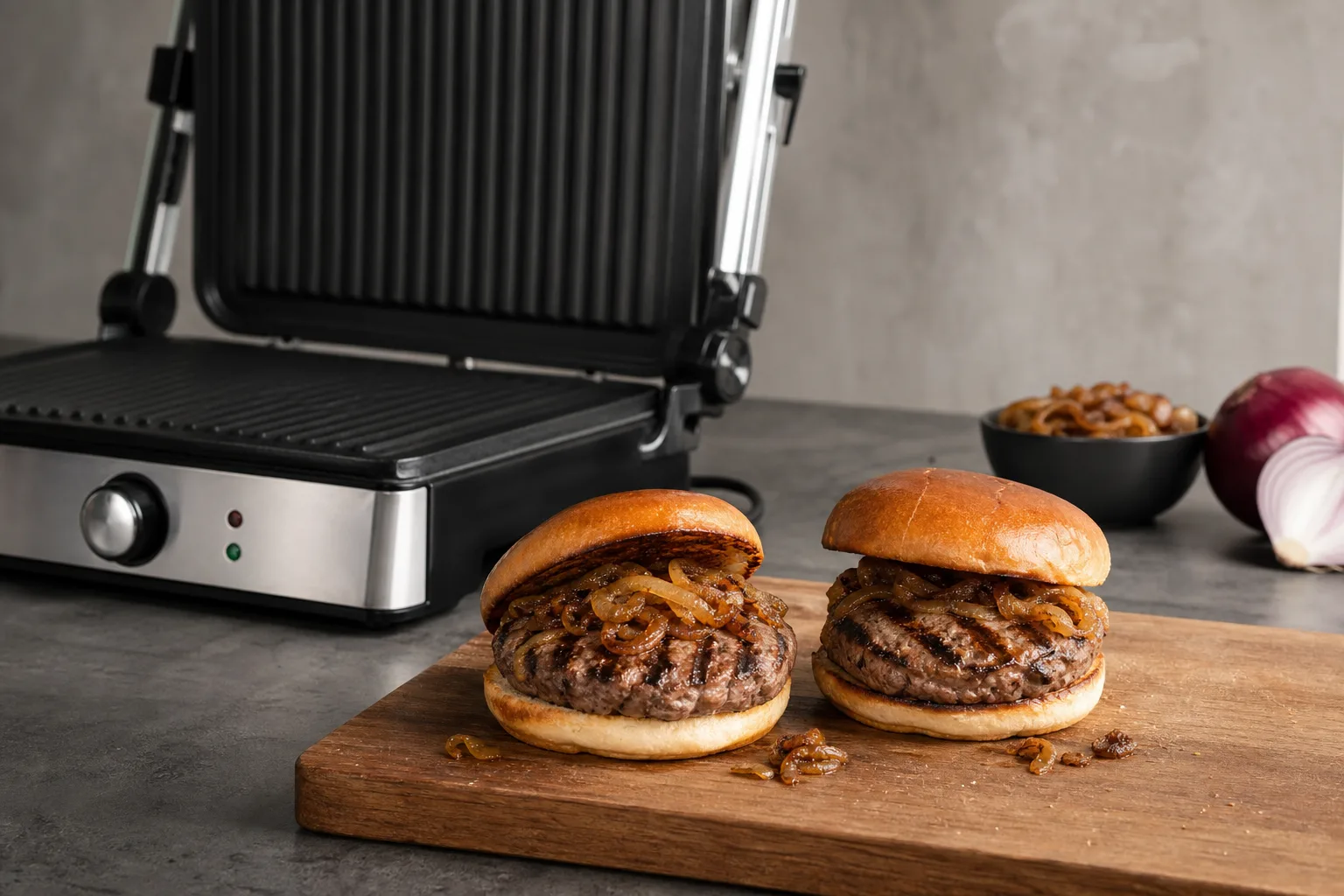 Kontaktgrill Rindfleisch-Burger mit karamellisierten Zwiebeln