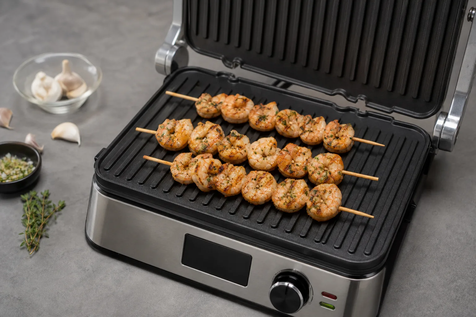 Kontaktgrill Garnelen-Spiesse mit Knoblauch